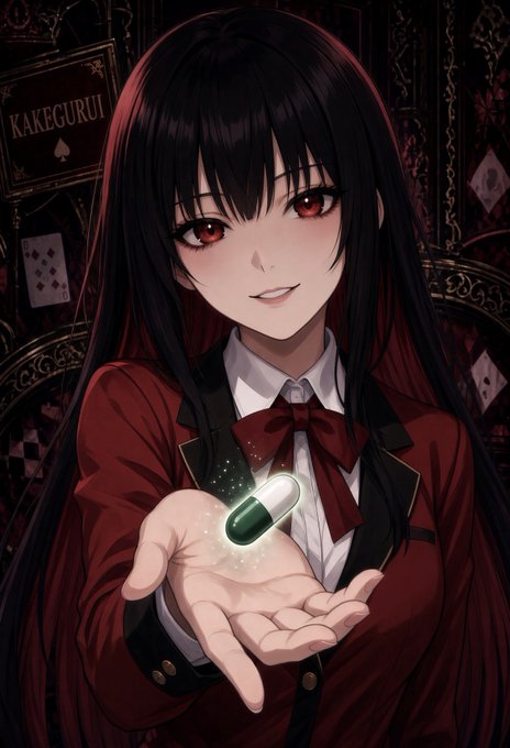 An anime girl with long black hair and red eyes, dressed in a red school uniform with a bow, holds out a glowing green-and-white pill in her palm against a "Kakegurui"-themed playing card backdrop. The image visually represents the post's "green pill" choice, symbolizing the lucrative path of success suggested by the meme.