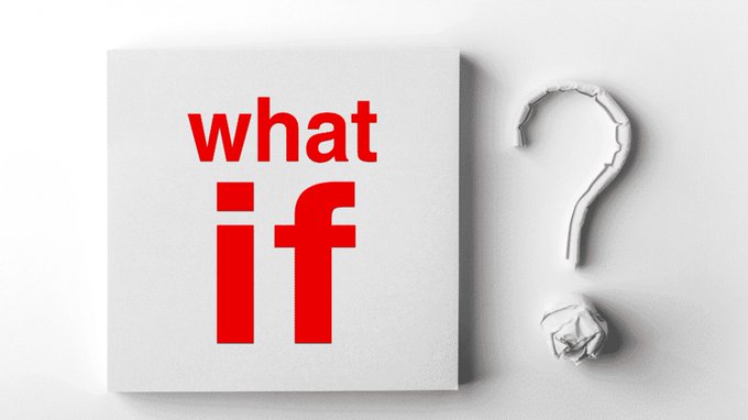 The image displays the bold red text "what if" on a white block, accompanied by a large white question mark and a crumpled paper ball, visually echoing the post's speculative prompt about how millions of Pioneers using Pi for spending could transform it into real demand, utility, and value.