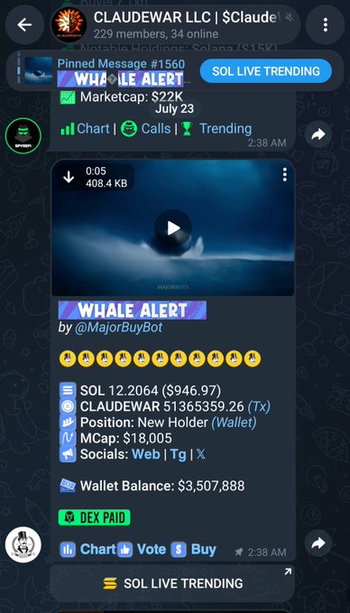 A Telegram chat screenshot from CLAUDEWAR LLC showing a 'WHALE ALERT' pinned message with a Solana (SOL) market cap of $22K, including details about a new holder transaction.