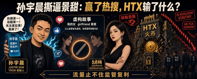 A Chinese-language infographic about Justin Sun (孙宇晨) and HTX exchange, featuring cartoon caricatures, social media icons, and text about regulatory scrutiny.