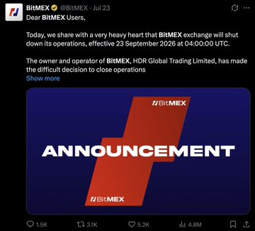 A tweet from BitMEX (@BitMEX) announcing the shutdown of the BitMEX exchange effective 23 September 2026 at 04:00:00 UTC, posted on Jul 23.