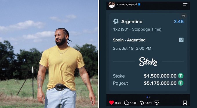 The image shows Drake in a yellow t-shirt standing outdoors next to an Instagram post from @champagnepapi displaying a $1,500,000 Stake bet on Argentina to beat Spain at 3.45 odds, set for Sunday, July 19 at 3:00 PM, with a potential payout of $5,175,000. The post references the "Drake curse," as fans humorously worry Argentina must now overcome both Spain and Drake's notorious history of jinxing teams he bets on.