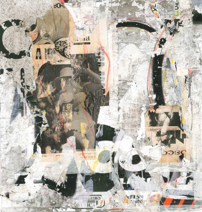 An abstract mixed-media collage artwork with layers of torn paper, painted textures, splatters, and fragmented text in a muted color palette of whites, blacks, and earth tones.