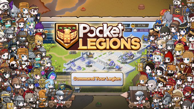 The image features an advertisement for Pocket Legends, a mobile strategy RPG game. The poster showcases the game's cover art with a large crowd of cartoon characters gathered around a castle-like structure. The text on the poster highlights that the game is officially launching soon and encourages players to "COMMAND YOUR Legion". This implies that the game is ready for release and invites gamers to join in on the fun.