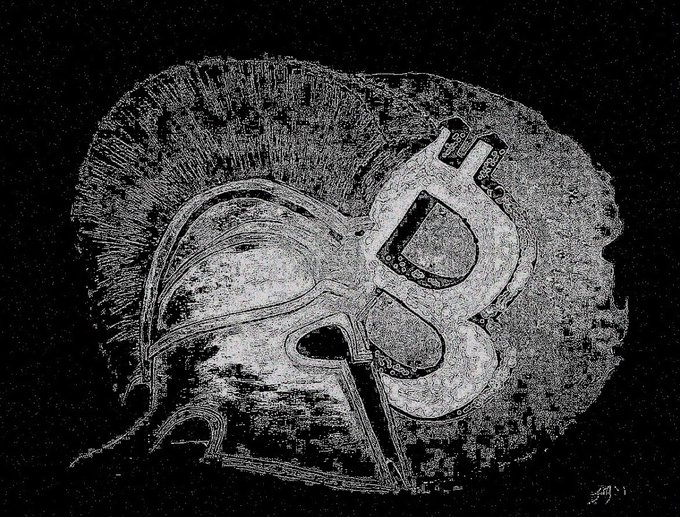 A high-contrast black and white image of a brain cross-section with a large Bitcoin (₿) symbol overlaid on the center.