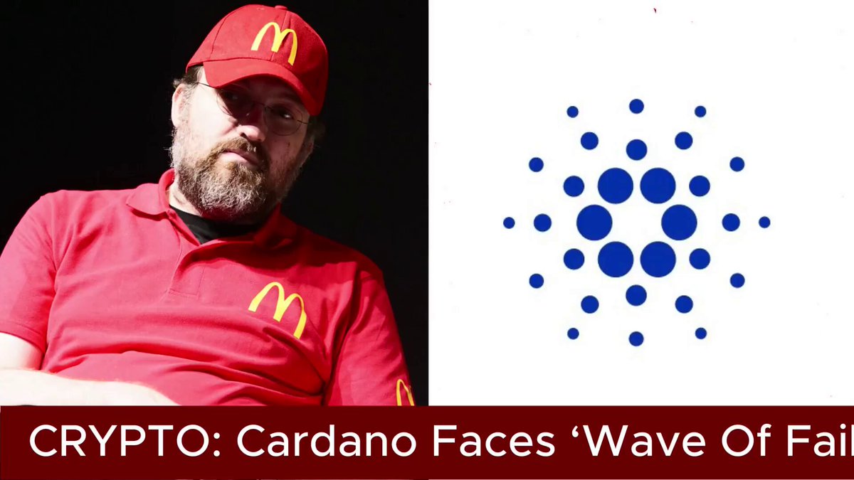 The image features a man wearing a red shirt with a McDonald's logo sitting next to a white square that displays the Bitcoin symbol. The caption below the image reads "Crypto.: Cardano Faces 'Wave Of Failures' Cardano ( @Cardano ) founder Charles Hoskinson".