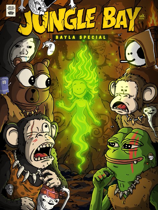 A comic book cover titled "JUNGLE BAY" with a "BAYLA SPECIAL" banner features a glowing green ghostly figure emerging from a fire, surrounded by startled monkeys, a bear, a frog, and hooded figures, tying into the $BAYLA token reference as the central mystical entity of the artwork.