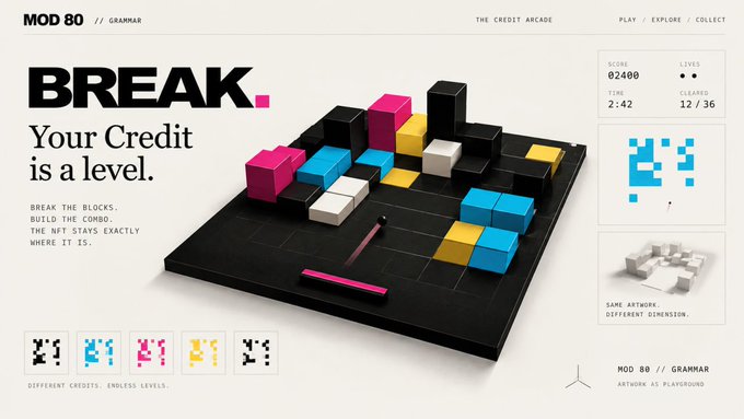 A promotional webpage for "MOD 80 // GRAMMAR" game titled "BREAK. Your Credit is a level" displays colorful blocks on a black grid with a score of 02400 and shows different credits/artwork.