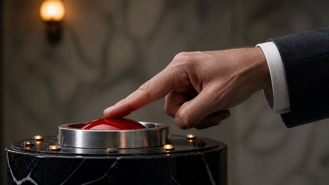 A hand in a dark suit presses a large red button mounted on a black marble base, symbolizing a powerful "go" or launch moment. This image visually reinforces the announcement of $NET achieving the largest RWA distribution event in RobinhoodCrypto's history, suggesting an impactful activation or milestone reached.