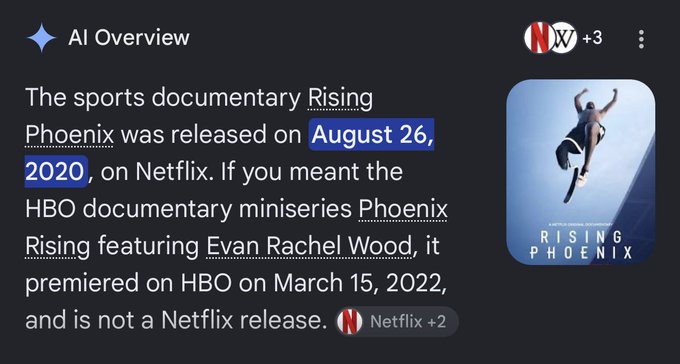 A Google AI Overview snippet displayed on a dark background indicates that the sports documentary "Rising Phoenix" was released on August 26, 2020, on Netflix, distinguishing it from an unrelated HBO miniseries. The Netflix logo and thumbnail image of the documentary appear on the right, confirming the release date referenced in the accompanying post counting down to the film's 5-year anniversary.