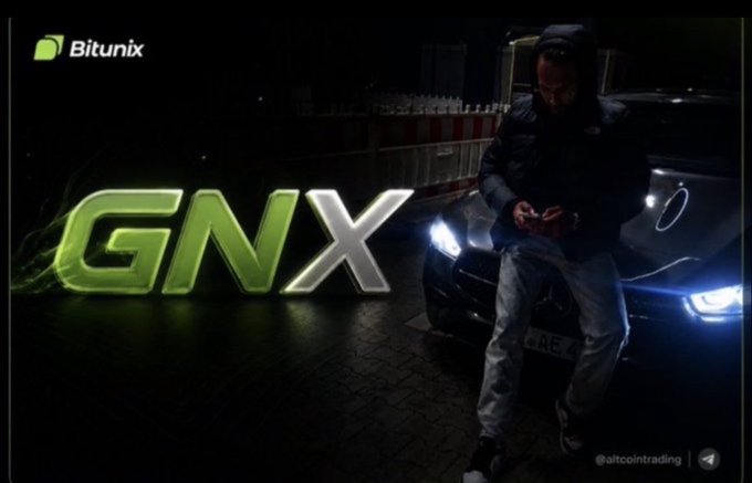 A nighttime scene featuring a person leaning against an Audi car while looking at their phone, with large "GNX" lettering and the "Bitunix" logo prominently displayed, promoting GN Crypto X in partnership with Bitunix to convey a message about patience and conviction in trading despite market volatility.