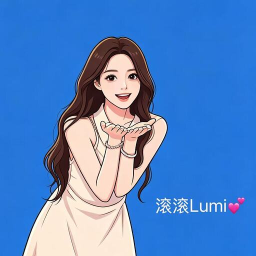 An anime-style illustration of a smiling woman with long brown hair in a white dress blowing a kiss, with the text '滚滚Lumi💕' in the corner.