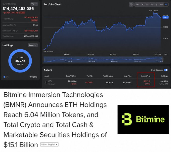 Bitmine Immersion Technologies (BMNR) announced their ETH holdings reached 6.04 million tokens, with a current PNL of -$5.57 billion despite the asset's high current value of $14.47 billion. This dashboard displays Bitmine's portfolio performance, highlighting their significant ETH position.