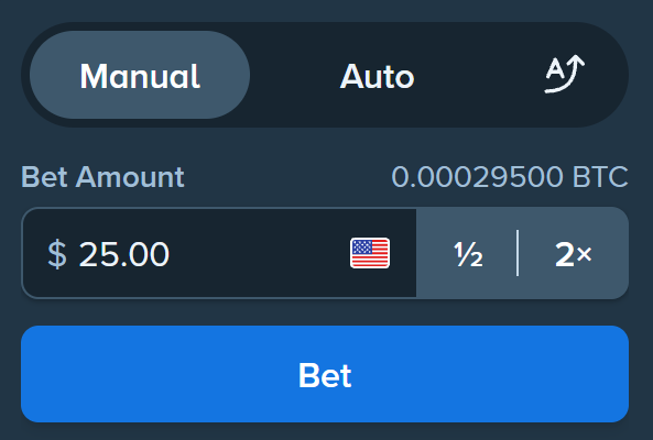 A betting interface shows a $25.00 USD bet amount (equivalent to 0.00029500 BTC) on Manual mode with options to halve or double the wager, ready to be placed via the blue "Bet" button. This illustrates the giveaway mechanics where participants will receive a free $25 bet on Stake to play an original game at a chosen multiplier.