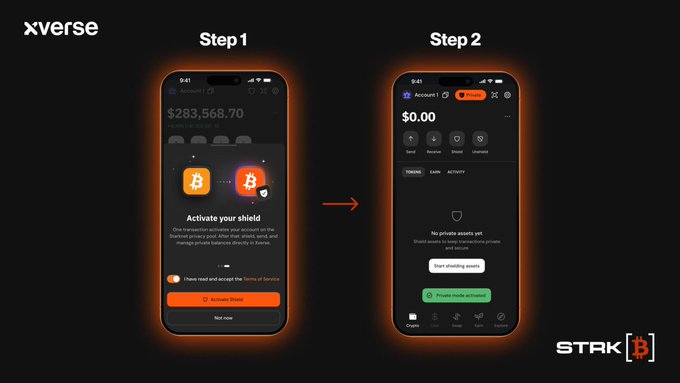 An instructional graphic for 'xverse' wallet shows Step 1 and Step 2 for activating a shield on a smartphone app, displaying Bitcoin balances and the 'STARK B' logo.