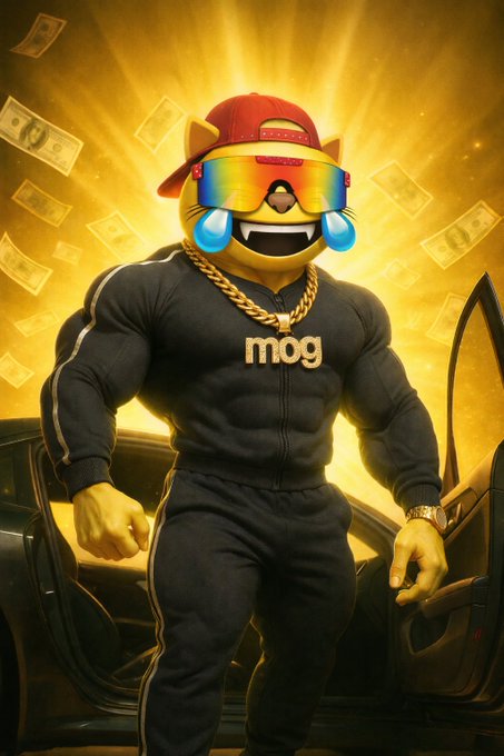 A meme image of a buff cartoon character wearing a red backwards cap, rainbow ski goggles with tears, a gold chain with 'mog' pendant, a black tracksuit, and a gold watch, standing in front of a car with money flying around and a golden background.