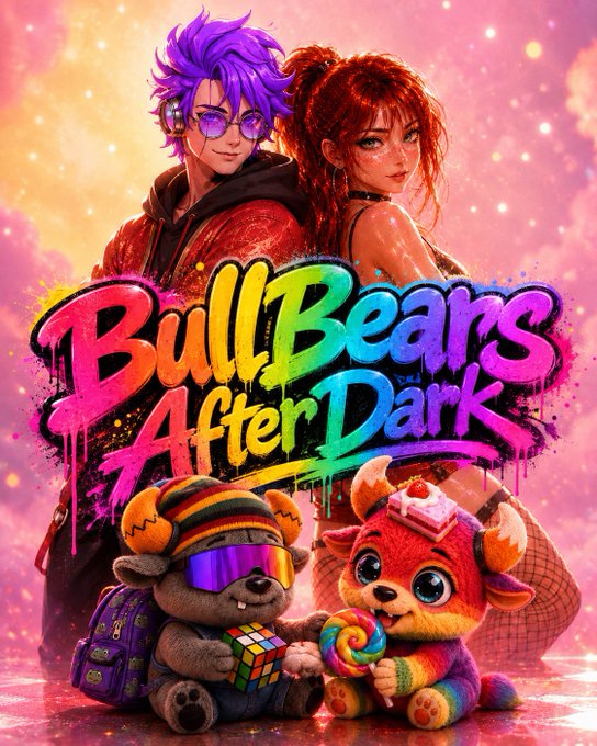 A colorful, stylized graphic for 'BullBears After Dark' featuring two characters with purple and red hair, and two cartoon animal characters wearing VR goggles and holding candy and a Rubik's cube.