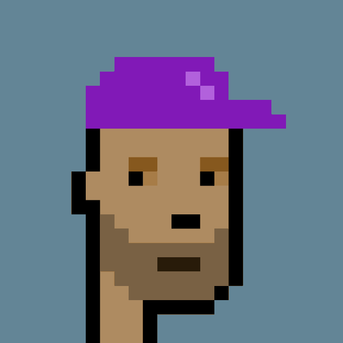 A pixel art portrait of a bearded man with brown skin wearing a purple beanie against a teal background.