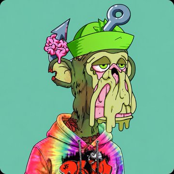 A groaning zombie Mutant Ape wearing a green beanie, a key in its hair, and a tie-dye hoodie holds up a knife with a brain, embodying the "journey from MAYC to OG" progression mentioned in the post.