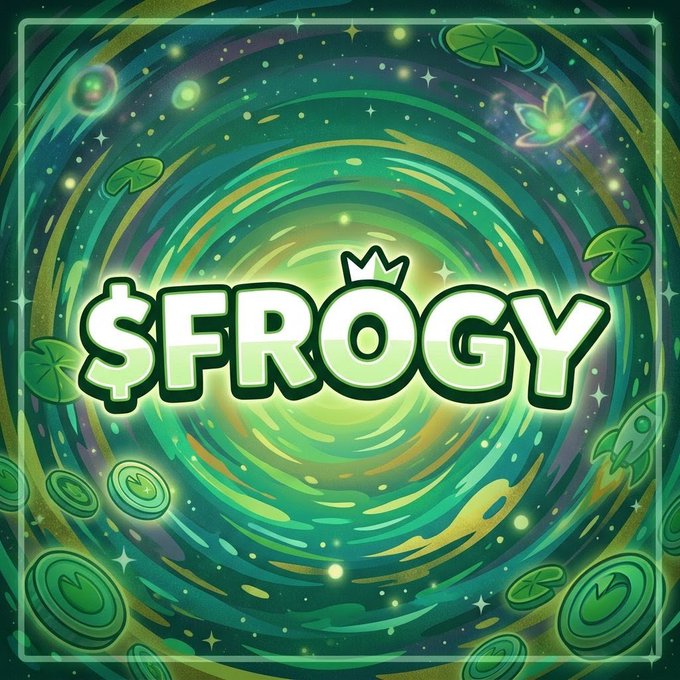 A vibrant green swirly graphic featuring the '$FROGY' token logo with a small crown, surrounded by lily pads, coins, stars, and a rocket.