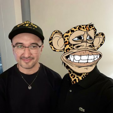 A man wearing a black "BOARDAPE" cap and glasses poses for a selfie next to someone wearing a Bored Ape NFT costume, with the caption "Ape shanghai, Ape together" referencing their meetup with @mfigge and @BoredApeYC.