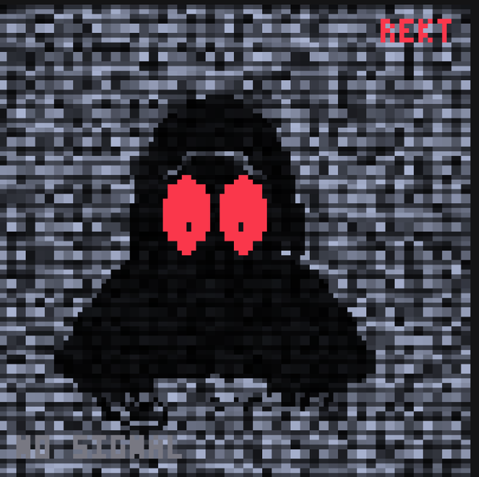 A dark, pixelated image showing a shadowy hooded figure with bright glowing red eyes against a gray stone background, with the red text 'RENT' in the top right corner.