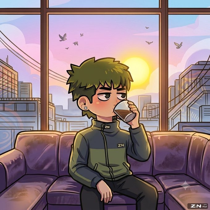 A cartoon boy with green hair sips from a cup while sitting on a purple couch, watching a sunrise over a cityscape through large windows, with "ZN" visible on his jacket and as a watermark. The peaceful morning scene complements the post's cheerful "Good morning web3 fam, Have a great day" greeting, capturing a relaxed start to the day.