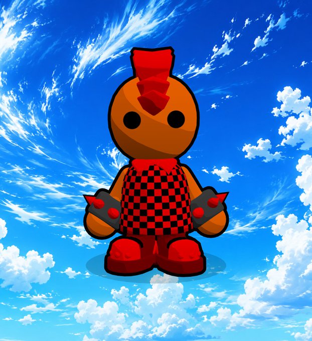 A digital illustration of an orange, round-headed character with a red mohawk, wearing a red and black checkered outfit with spiked wristbands, set against a bright blue sky with clouds.