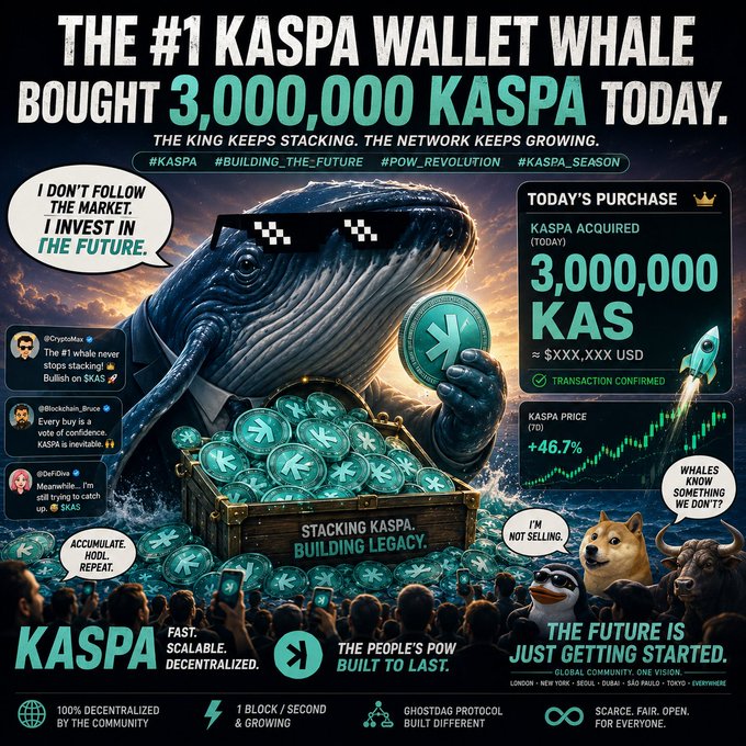 The image features a large blue whale with a green coin in its mouth, surrounded by a group of people who are looking at the whale. The caption reads "The #1 Kaspa wallet whale bought another 3,000,000 $KAS today. Retail: I'll take another 3 million." This post is about investing in cryptocurrency and how it's already happened with the purchase of the whale by a company called Kaspa.