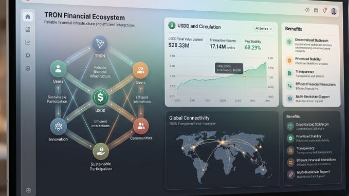 TRON Financial Ecosystem dashboard displaying USDD Total Value Locked at $28.33M, Transaction Volume of 17.14M, and Pay Stability at 65.29%, with a global connectivity world map.