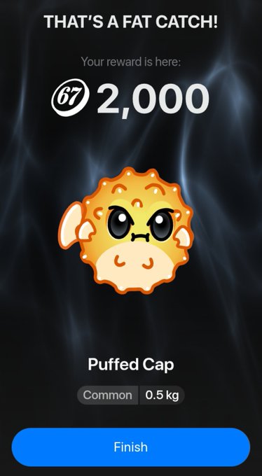 Mobile game reward screen titled 'THAT'S A FAT CATCH!' showing a 2,000 coin reward for catching a 'Puffed Cap' (Common, 0.5 kg) creature, with a blue 'Finish' button at the bottom.
