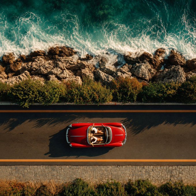A red vintage convertible drives along a scenic coastal road beside turquoise ocean waves and rocky shoreline, evoking the freedom and adventure of an open-road journey—fitting imagery for GM's "All roads lead to TRON" theme, which promotes the all-electric future of driving toward the iconic Tron design aesthetic.