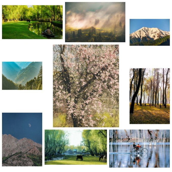 The image features a collage of nine photos, each depicting different scenes from nature with various elements such as trees, mountains, water, and people enjoying outdoor activities like biking or picnicking. The photos are arranged in a grid format on a white background, creating an organized and visually appealing layout that showcases the beauty of nature and outdoor recreation.

The collage includes images of a mountain range under a blue sky with clouds, a river flowing through a lush green valley, trees with pink flowers, and people enjoying their time outdoors. The photos are well-composed and capture the essence of each scene, making it an engaging visual experience for viewers who appreciate nature's beauty and outdoor activities.