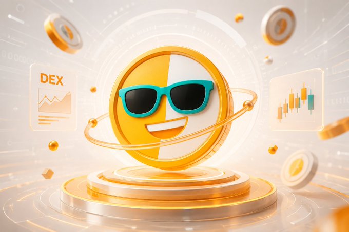 A cheerful 3D golden coin mascot wearing teal sunglasses stands on a pedestal, surrounded by floating coins and holographic trading panels displaying "DEX" charts and candlestick graphs. The image visually reinforces the post's message by showcasing SUN.io's decentralized exchange features and DeFi trading tools within the TRON ecosystem.