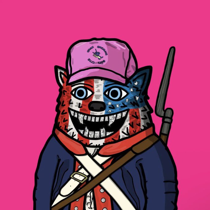 A cartoon illustration depicts an anthropomorphic raccoon/fox character with an American flag-patterned face, wearing a pink "QAnon Sniffies Q-Lab" cap, red bandana, and blue jacket, while carrying a rifle against a bright pink background.