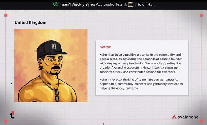 Slide from a 'Team1 Weekly Sync: Avalanche Team' Town Hall featuring an illustrated avatar from the United Kingdom and a testimonial praising community member 'Keiron'.