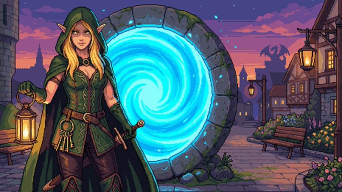 A hooded elven ranger in green leather armor holds a glowing lantern and key before a swirling blue magical portal, set in a fantasy village street at sunset. The image evokes the "portal to adventure" theme of the Calamity app promotion, visually inviting users to step through and prepare for what's ahead.