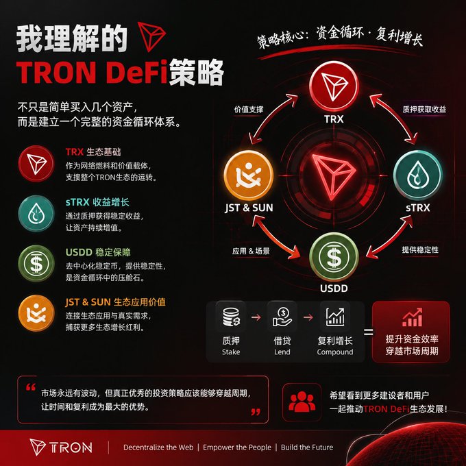 An infographic in Chinese explaining '我理解的TRON DeFi策略' (My Understanding of TRON DeFi Strategy), illustrating the relationships between TRX, sTRX, USDD, and JST & SUN in a circular flow.