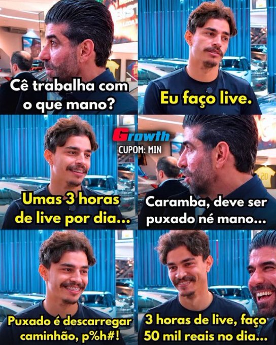 A six-panel meme in Portuguese shows a street interview where one man asks "Cê trabalha com o que mano?" (What do you do for work, dude?), and the other responds that he does live streams for about 3 hours a day, earning 50 thousand reais daily, with a "Growth CUPOM: MIN" watermark visible in the center.