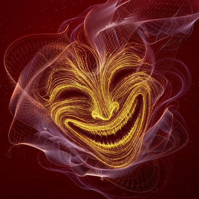 An abstract digital artwork featuring swirling golden and pink luminous lines forming a heart shape against a deep red background.