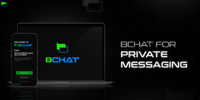 A promotional banner for 'BCHAT FOR PRIVATE MESSAGING' showing the app interface on a phone and laptop screen against a dark background.