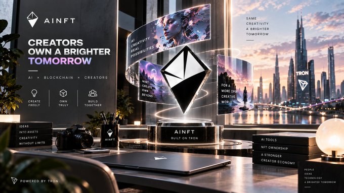 An advertisement for 'AINFT' on the TRON blockchain with the tagline 'CREATORS OWN A BRIGHTER TOMORROW,' showcasing features like 'AI,' 'BLOCKCHAIN,' and 'CREATORS' against a futuristic cityscape.