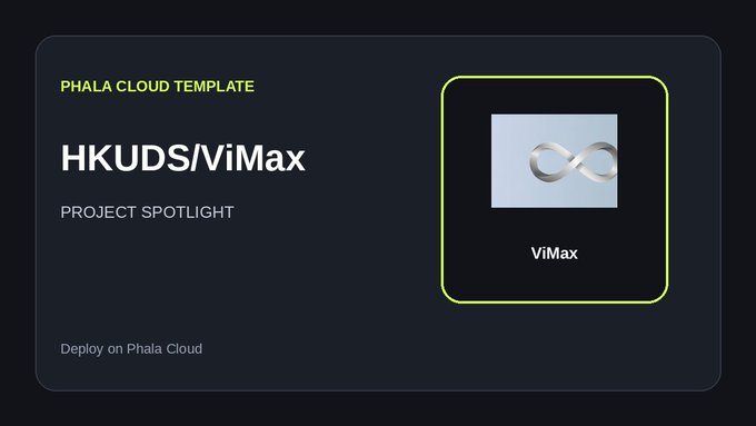 The image is a Phala Cloud Template spotlight card for "HKUDS/ViMax," featuring a ViMax logo with an infinity symbol and a "Deploy on Phala Cloud" call-to-action that links to the project's cloud template page.