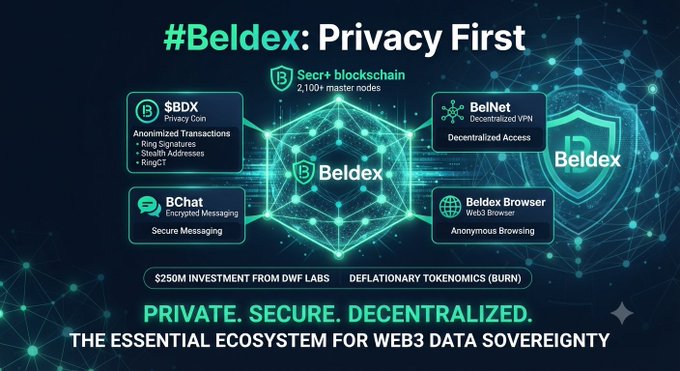 A promotional graphic for '#Beldex: Privacy First' highlighting the Secr+ blockchain with 2,100+ master nodes, featuring $BDX privacy coin, BelNet, BChat, and Beldex Browser, with mentions of $250M investment from DWF Labs.