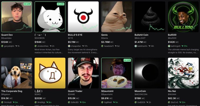 A grid of cryptocurrency meme coins on a trading platform, including $QUANTDEV ($124K MC), $HOBON, $EYE (BULL'S EYE), $qenis ($3.76M MC), $BULLSHIT ($1.47M MC), $BULL500 ($142K MC), The Corporate Dog ($14.5K MC), $OKO ($203K MC), Quant Trader ($15.0K MC), $quanthshit, MoonCoin ($118K MC), and Niu Nai ($62.3K MC).