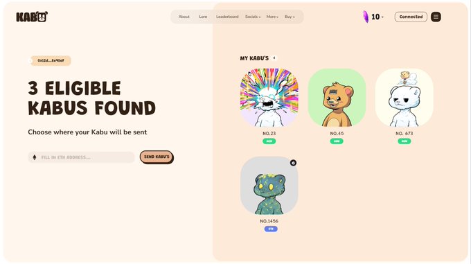 A webpage from 'KABU' showing '3 ELIGIBLE KABUS FOUND' with four NFT-style animal character options (a colorful lion, a brown bear, a white polar bear, and a green dinosaur) labeled NO. 23, 49, 673, and 1456.