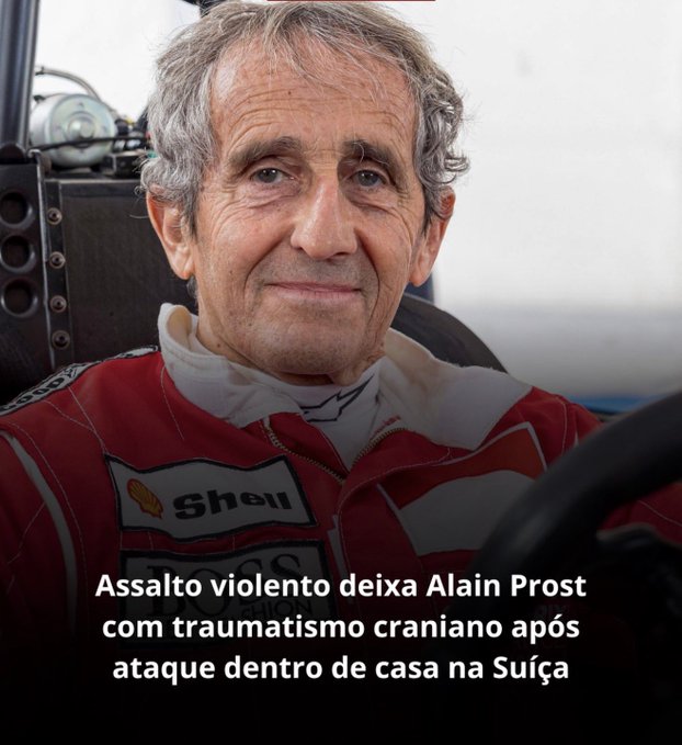 lloran Prost, a former Formula One driver and race car driver, is seen smiling warmly against a white background with the text "Assalto violinto deixão" above him.