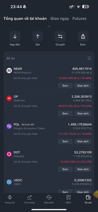 A screenshot of a Vietnamese cryptocurrency portfolio app showing significant losses with tokens NEAR (-34.46%), OP (-93.22%), POL (-78.84%), DOT (-94.27%) displayed in red.