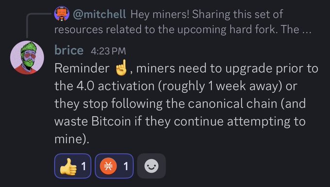 A Discord message thread where 'brice' posts a reminder about miners needing to upgrade before the 4.0 activation to avoid wasting Bitcoin.