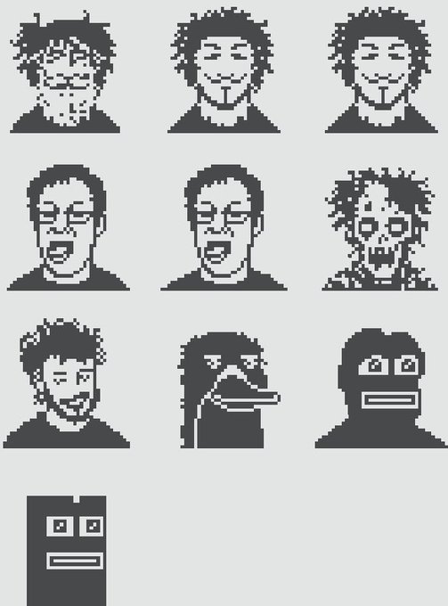 A 3x3 grid of pixel-art character portraits, each featuring a different stylized face with varying expressions and styles, with an additional character portrait below, representing different versions of a single NFT from the Normology tool.
